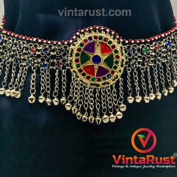 Afghan Kuchi Belt, Belly Dance Belt, Kuchi Belt With Multicolor Glass Stones - Picture 4 of 10